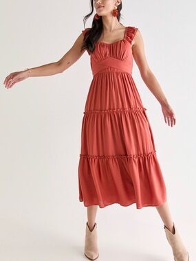 Francesca's Collections Terracotta/Rust Tiered Midi Dress